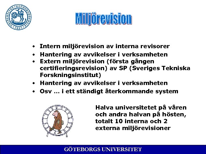  • Intern miljörevision av interna revisorer • Hantering av avvikelser i verksamheten •