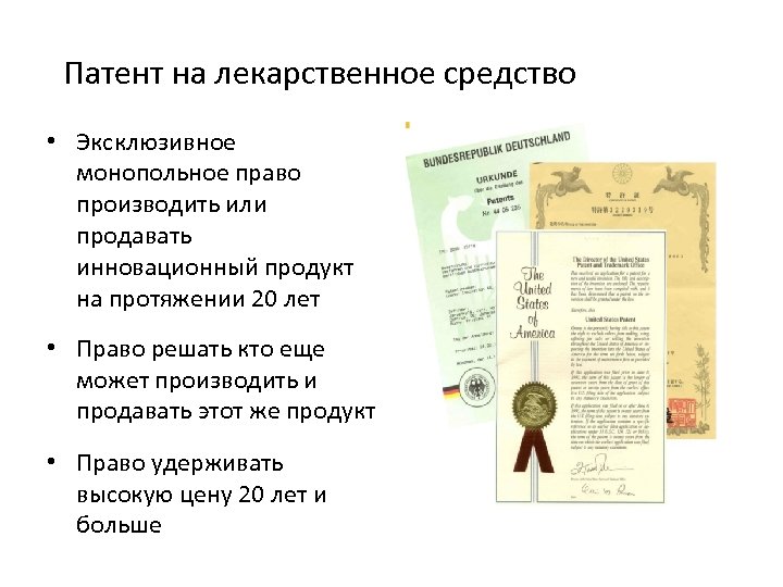  Патент на лекарственное средство • Эксклюзивное монопольное право производить или продавать инновационный продукт