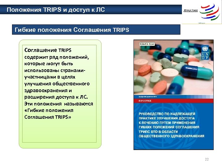 Положения TRIPS и доступ к ЛС Гибкие положения Соглашения TRIPS Соглашение TRIPS содержит ряд
