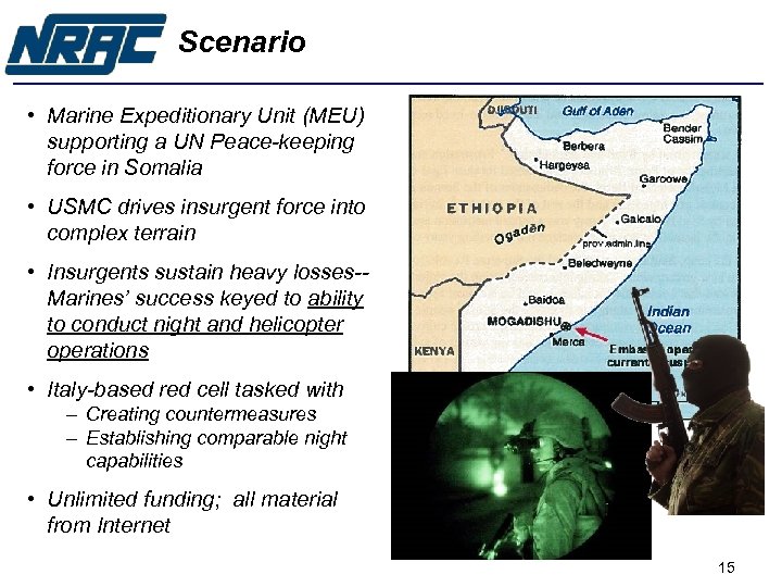 Scenario • Marine Expeditionary Unit (MEU) supporting a UN Peace-keeping force in Somalia •