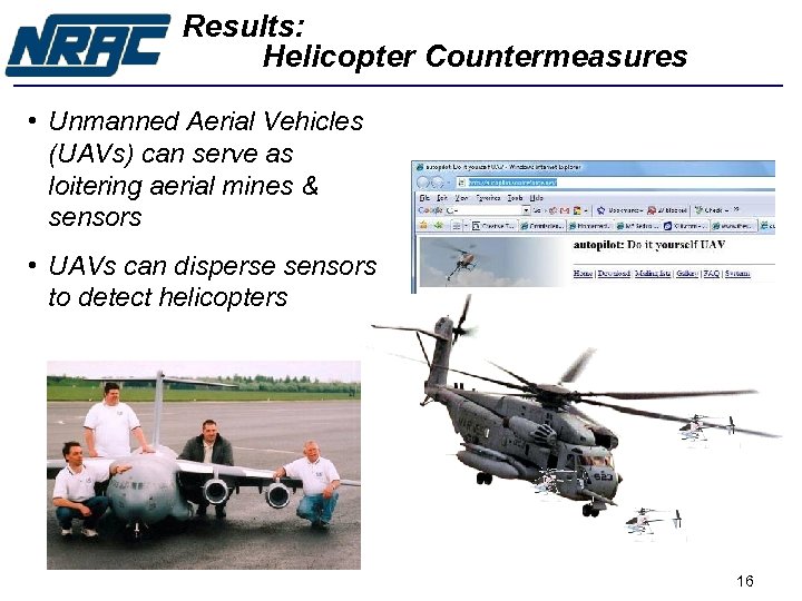 Results: Helicopter Countermeasures • Unmanned Aerial Vehicles (UAVs) can serve as loitering aerial mines