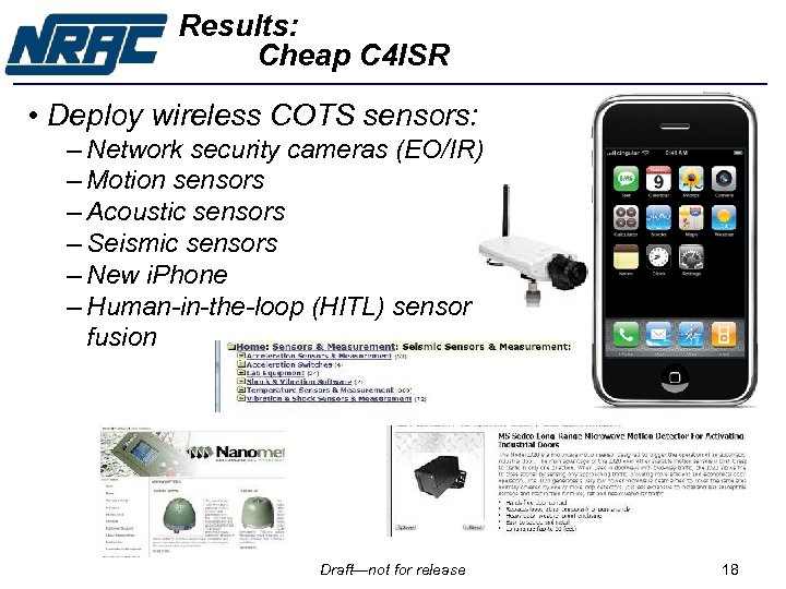 Results: Cheap C 4 ISR • Deploy wireless COTS sensors: – Network security cameras