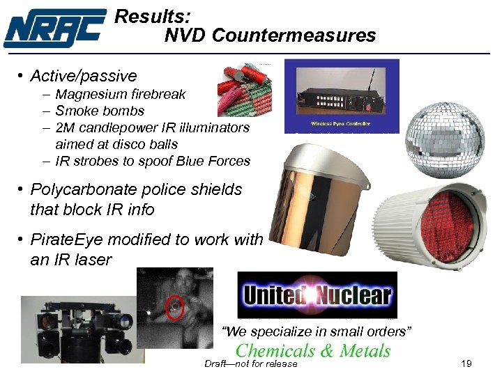 Results: NVD Countermeasures • Active/passive – Magnesium firebreak – Smoke bombs – 2 M