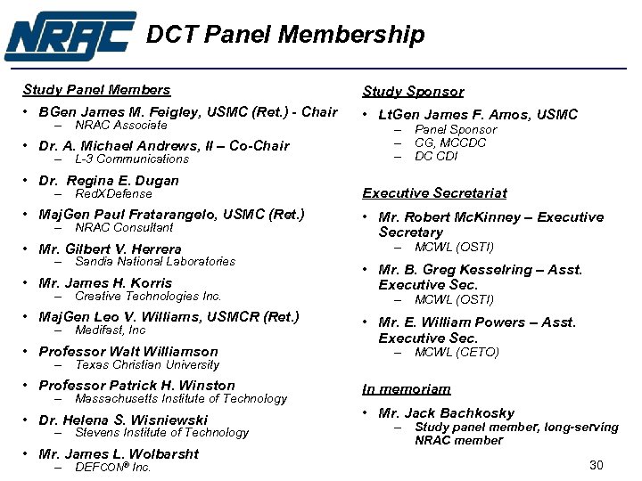 DCT Panel Membership Study Panel Members Study Sponsor • BGen James M. Feigley, USMC