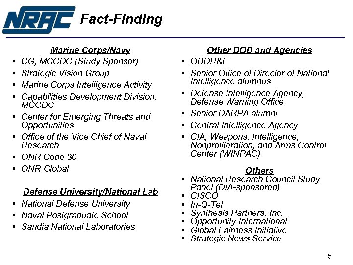 Fact-Finding • • Marine Corps/Navy CG, MCCDC (Study Sponsor) Strategic Vision Group Marine Corps