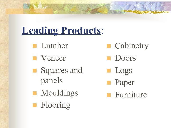 Leading Products: n n n Lumber Veneer Squares and panels Mouldings Flooring n n