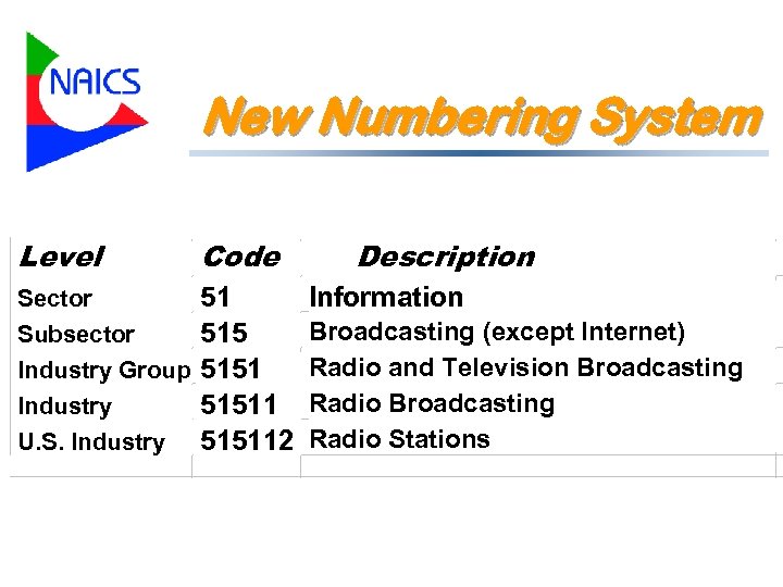 New Numbering System Level Code Sector Subsector Industry Group Industry U. S. Industry 51