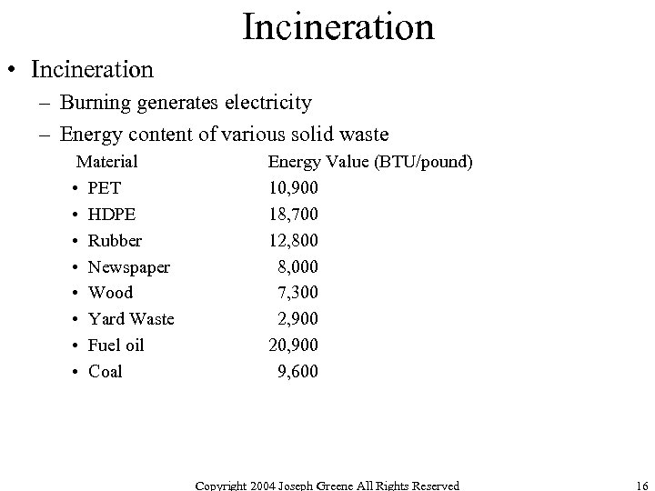 Incineration • Incineration – Burning generates electricity – Energy content of various solid waste