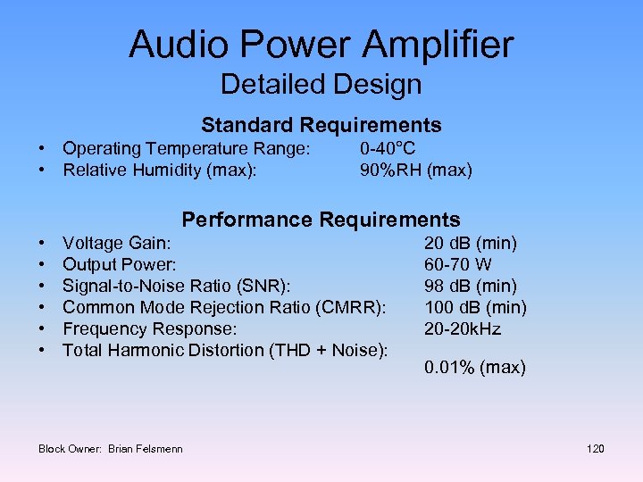 Audio Power Amplifier Detailed Design Standard Requirements • Operating Temperature Range: • Relative Humidity