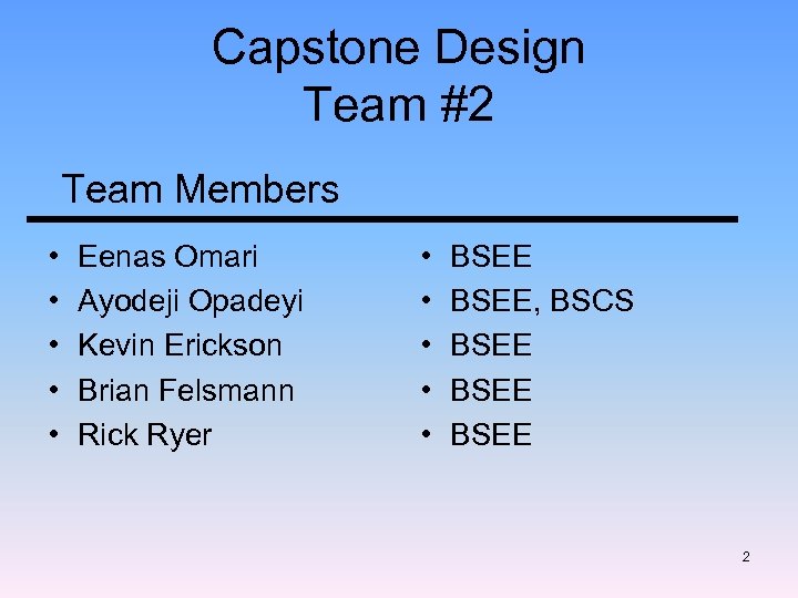 Capstone Design Team #2 Team Members • • • Eenas Omari Ayodeji Opadeyi Kevin