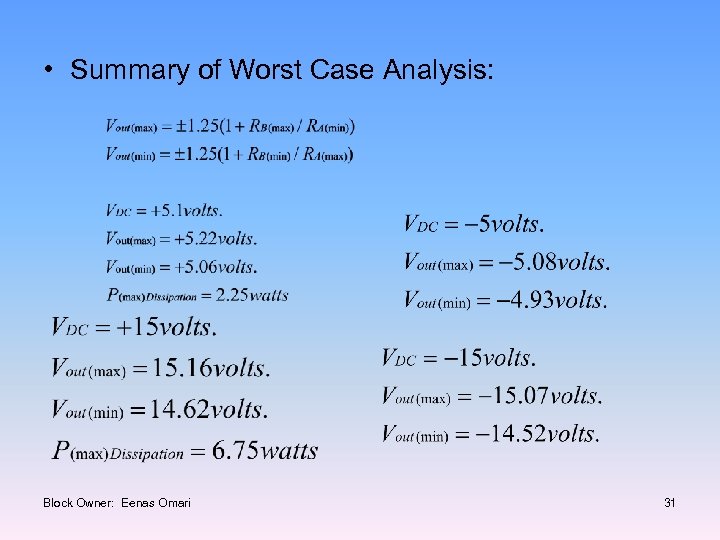  • Summary of Worst Case Analysis: Block Owner: Eenas Omari 31 