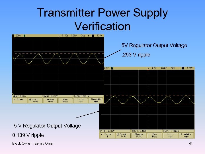 Transmitter Power Supply Verification 5 V Regulator Output Voltage. 293 V ripple -5 V