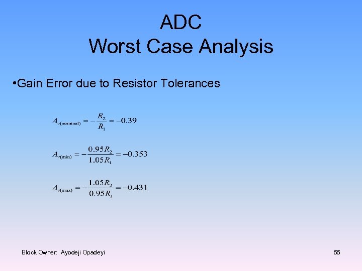 ADC Worst Case Analysis • Gain Error due to Resistor Tolerances Block Owner: Ayodeji