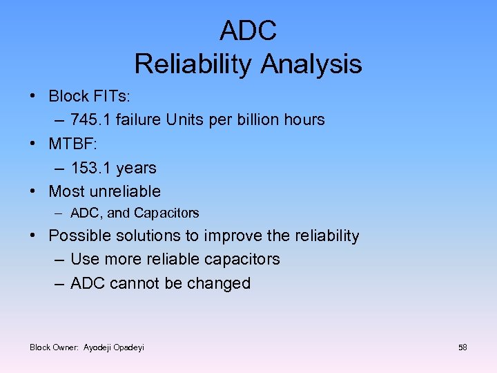 ADC Reliability Analysis • Block FITs: – 745. 1 failure Units per billion hours