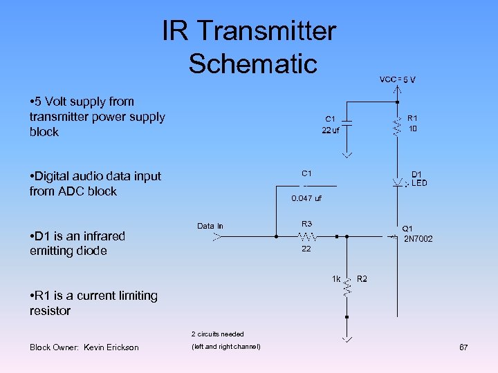 IR Transmitter Schematic • 5 Volt supply from transmitter power supply block • Digital