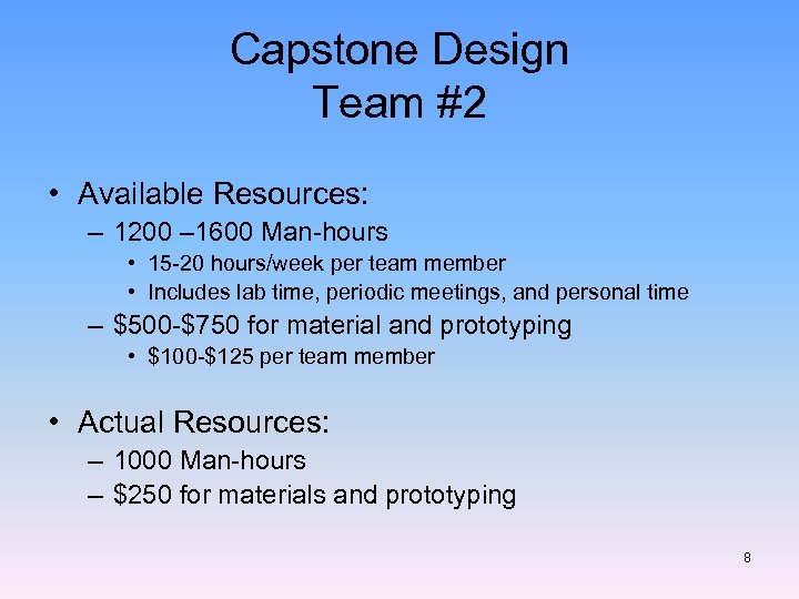 Capstone Design Team #2 • Available Resources: – 1200 – 1600 Man-hours • 15
