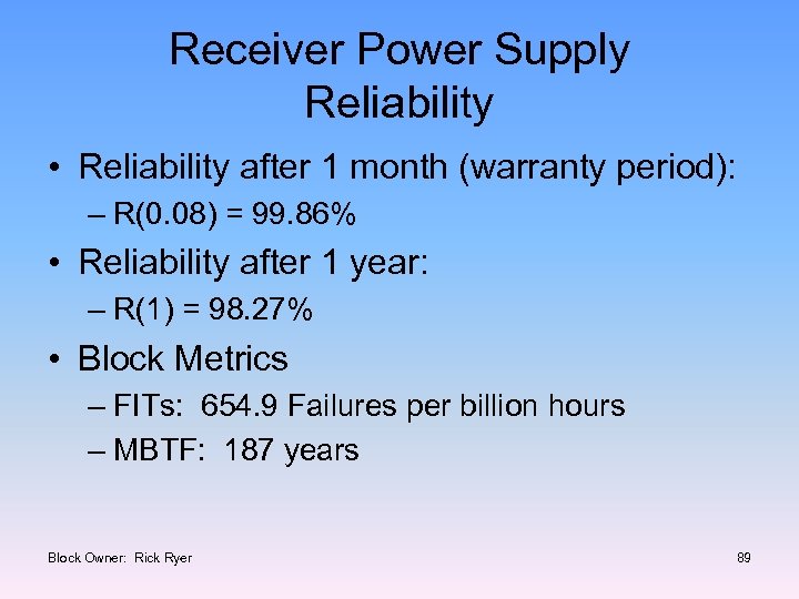Receiver Power Supply Reliability • Reliability after 1 month (warranty period): – R(0. 08)