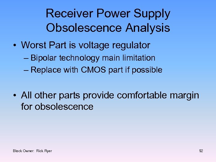 Receiver Power Supply Obsolescence Analysis • Worst Part is voltage regulator – Bipolar technology