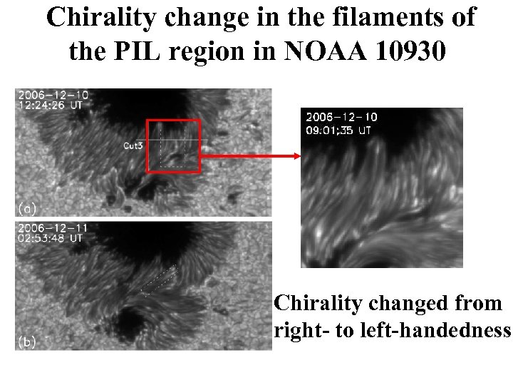 Chirality change in the filaments of the PIL region in NOAA 10930 Chirality changed