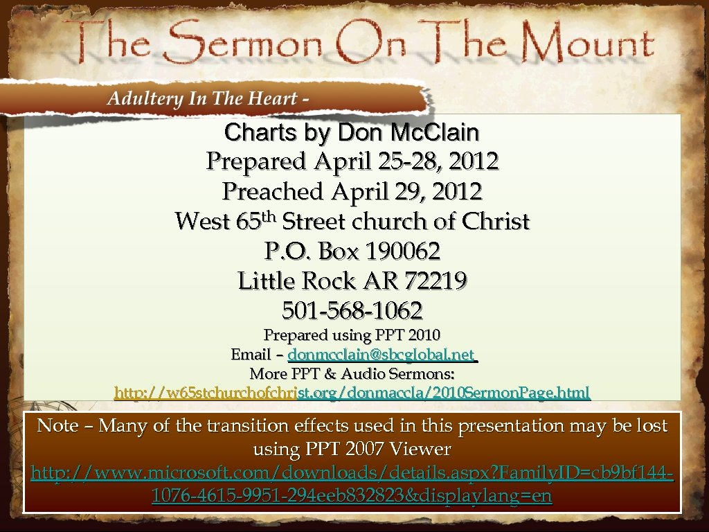 Charts by Don Mc. Clain Prepared April 25 -28, 2012 Preached April 29, 2012