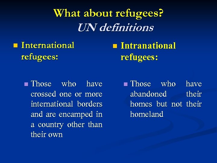 What about refugees? UN definitions n International refugees: n Those who have crossed one