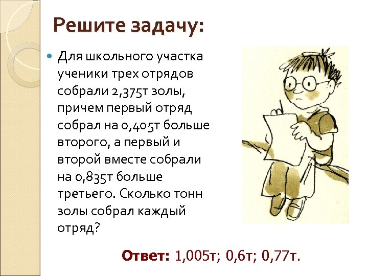 Решите задачу: Для школьного участка ученики трех отрядов собрали 2, 375 т золы, причем