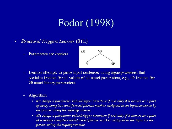 Fodor (1998) • Structural Triggers Learner (STL) – Parameters are treelets – Learner attempts