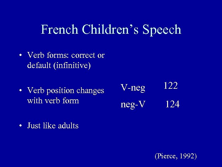 French Children’s Speech • Verb forms: correct or default (infinitive) • Verb position changes