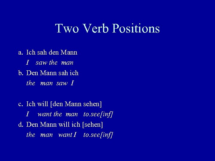 Two Verb Positions a. Ich sah den Mann I saw the man b. Den