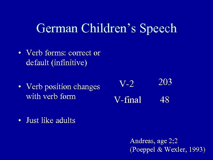 German Children’s Speech • Verb forms: correct or default (infinitive) • Verb position changes