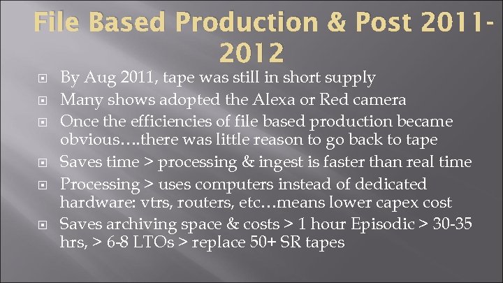 File Based Production & Post 20112012 By Aug 2011, tape was still in short