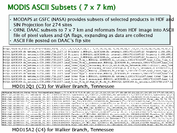 MODIS ASCII Subsets ( 7 x 7 km) • MODAPS at GSFC (NASA) provides