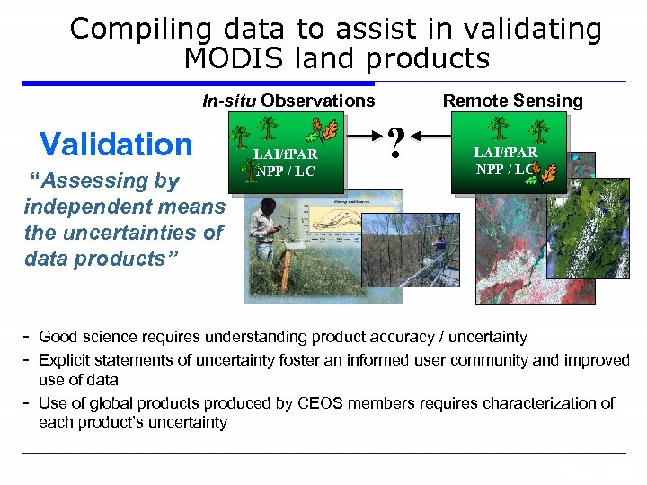 Compiling data to assist in validating MODIS land products In-situ Observations Validation “Assessing by