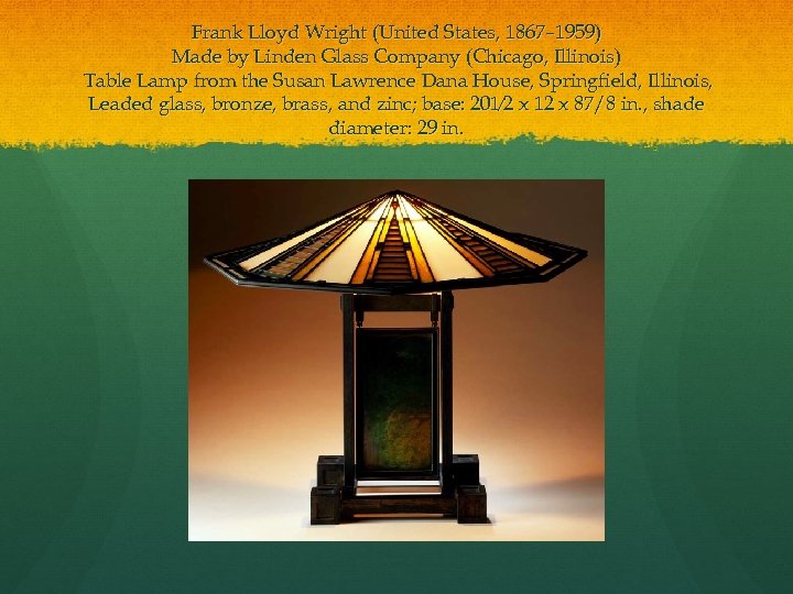 Frank Lloyd Wright (United States, 1867– 1959) Made by Linden Glass Company (Chicago, Illinois)