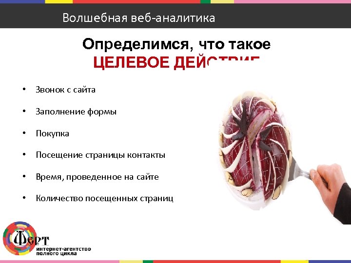 Волшебная веб-аналитика Определимся, что такое ЦЕЛЕВОЕ ДЕЙСТВИЕ • Звонок с сайта • Заполнение формы