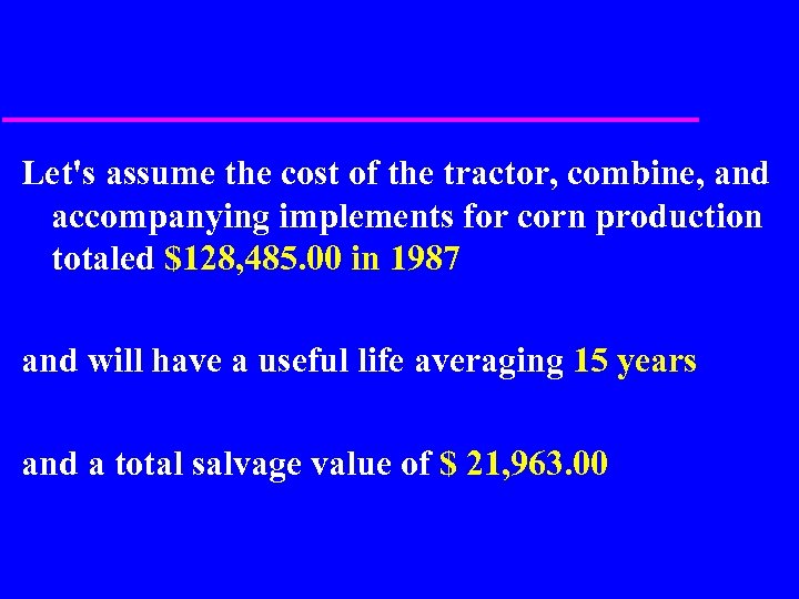 Let's assume the cost of the tractor, combine, and accompanying implements for corn production