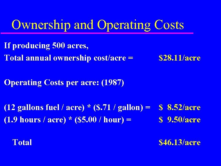 Ownership and Operating Costs If producing 500 acres, Total annual ownership cost/acre = $28.