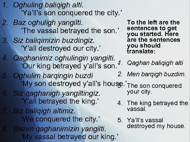 1. Oghuling baliqigh alti. ‘Ya’ll’s son conquered the city. ’ To the left are