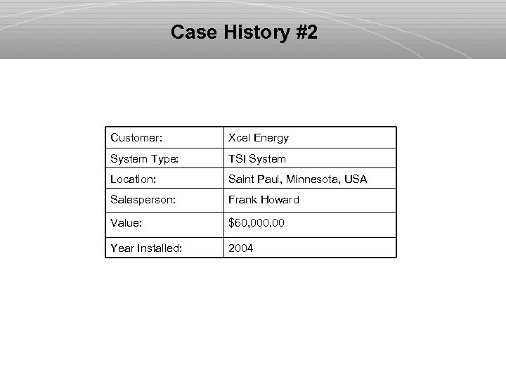 Case History #2 Customer: Xcel Energy System Type: TSI System Location: Saint Paul, Minnesota,