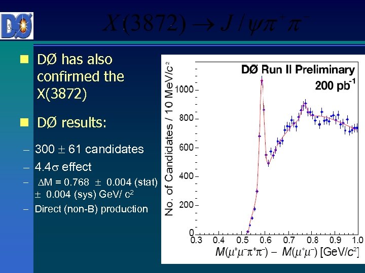 n DØ has also confirmed the X(3872) n DØ results: – 300 61 candidates
