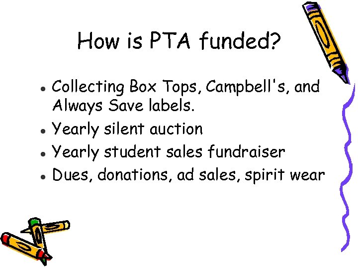 How is PTA funded? Collecting Box Tops, Campbell's, and Always Save labels. Yearly silent