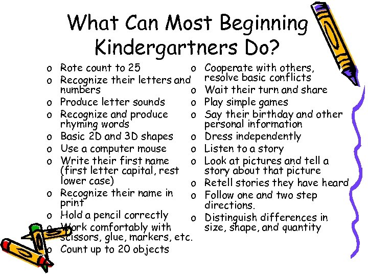 What Can Most Beginning Kindergartners Do? o Rote count to 25 o o Recognize