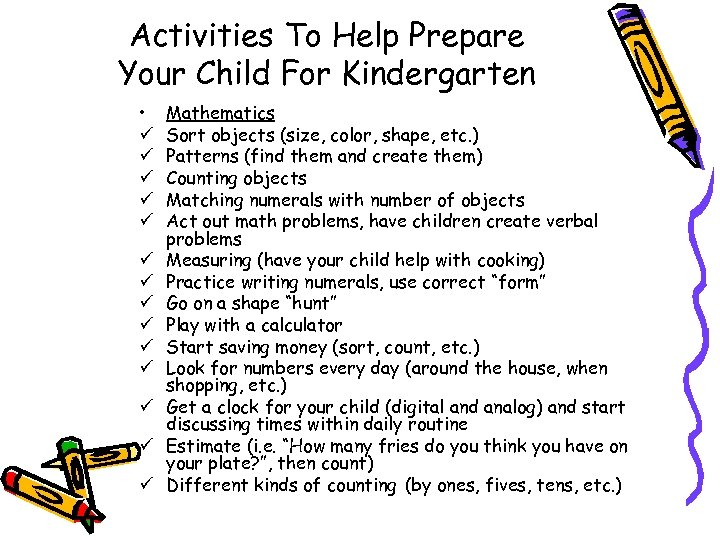 Activities To Help Prepare Your Child For Kindergarten • ü ü ü ü Mathematics