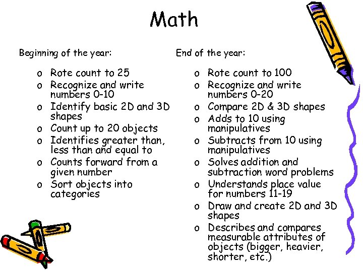 Math Beginning of the year: o Rote count to 25 o Recognize and write