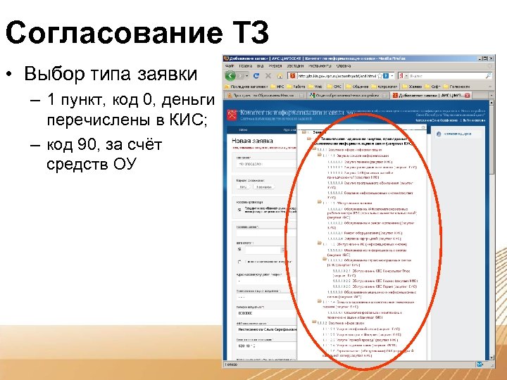 Согласование ТЗ • Выбор типа заявки – 1 пункт, код 0, деньги перечислены в