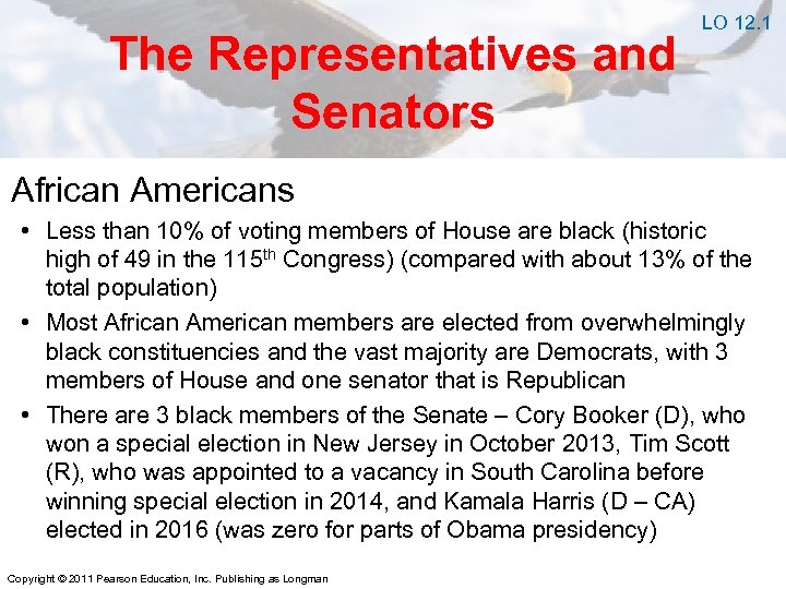 The Representatives and Senators LO 12. 1 African Americans • Less than 10% of