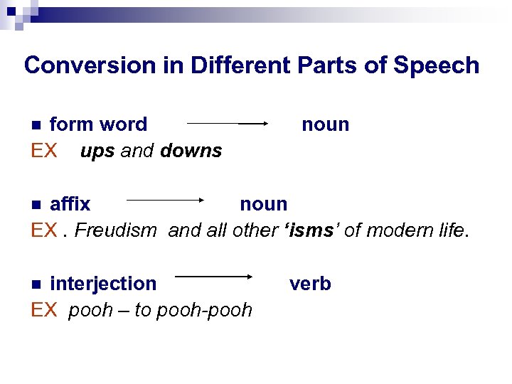 Conversion in Different Parts of Speech form word EX ups and downs noun affix