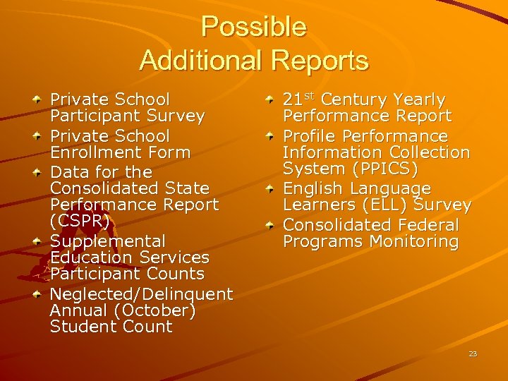 Possible Additional Reports Private School Participant Survey Private School Enrollment Form Data for the