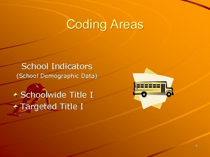 Coding Areas School Indicators (School Demographic Data) Schoolwide Title I Targeted Title I 9