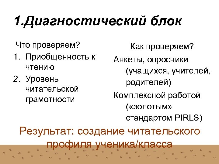 1. Диагностический блок Что проверяем? 1. Приобщенность к чтению 2. Уровень читательской грамотности Как